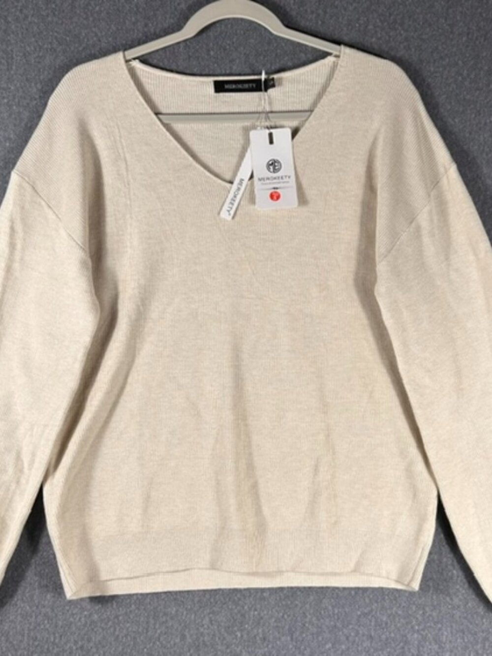 Merokeety Ribbed Sweater Womens Sz Small Beige Pullover V-Neck Long Sleeve NWT